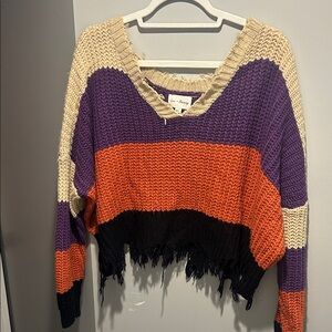 Chic V-Neck Striped Sweater in Purple, Orange, and Cream